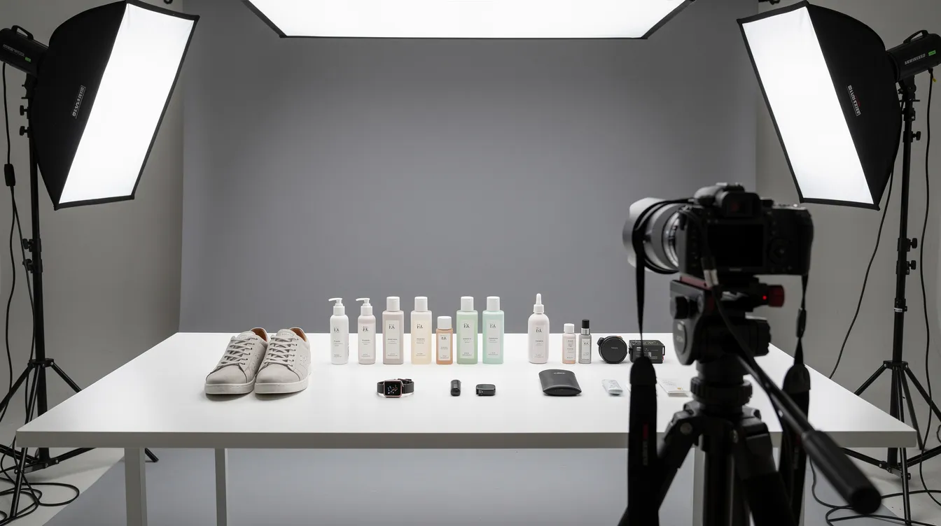 The image showcases a well-organized product photography setup featuring various items being captured for online store listings. It highlights the importance of high-quality visuals for store owners looking to create optimized product pages and start selling with ease.