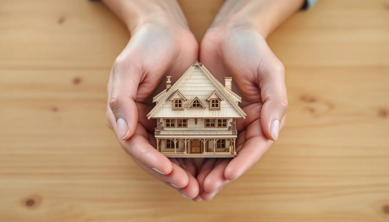 Uma pessoa está segurando delicadamente uma miniatura de uma casa sobre uma mesa, simbolizando a proteção patrimonial e a importância de um planejamento financeiro adequado para preservar bens familiares. As mãos transmitem segurança e cuidado, refletindo o valor de uma holding familiar na gestão do patrimônio.