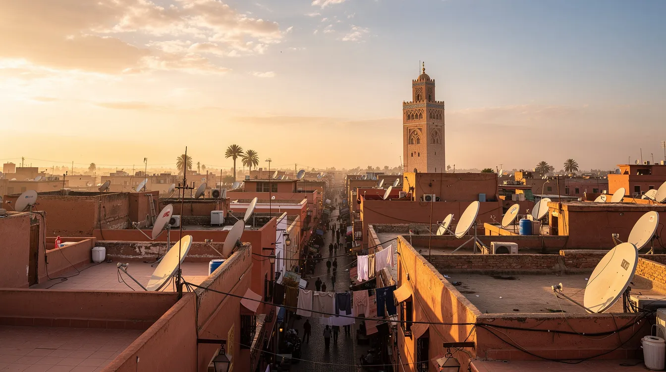 A panoramic rooftop view captures the vibrant medina of Marrakech at golden hour, showcasing the iconic Koutoubia mosque minaret against a backdrop of clear skies. This scene reflects the city's charm, making it an ideal time to visit Marrakech, especially during the pleasant weather of spring or fall when daytime temperatures are more comfortable for exploring its many shops and attractions.