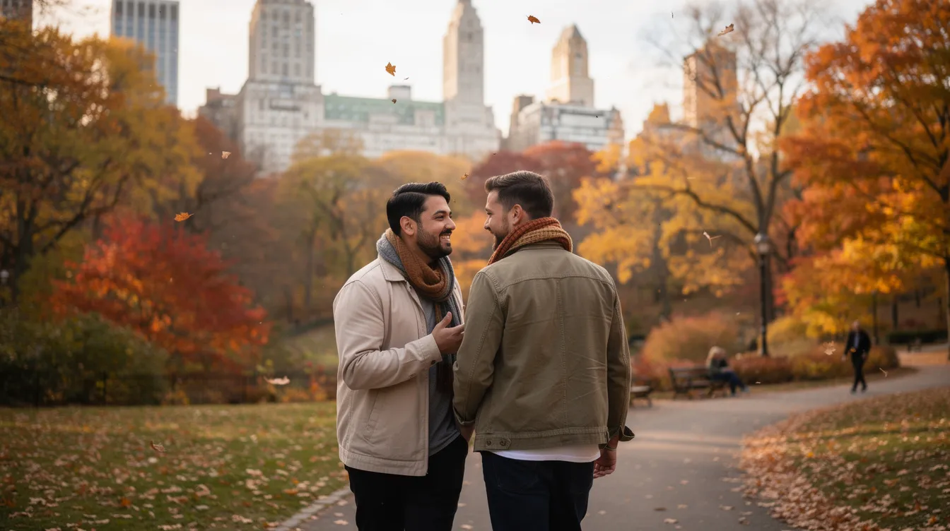 A gay couple strolls hand-in-hand through Central Park, engaged in a relaxed conversation surrounded by vibrant autumn trees, with the Manhattan skyline, including Central Park South buildings, serving as a picturesque backdrop. This candid moment captures the essence of gay and lesbian relationships, highlighting the joy and intimacy found in same-sex couples as they navigate their unique challenges together.