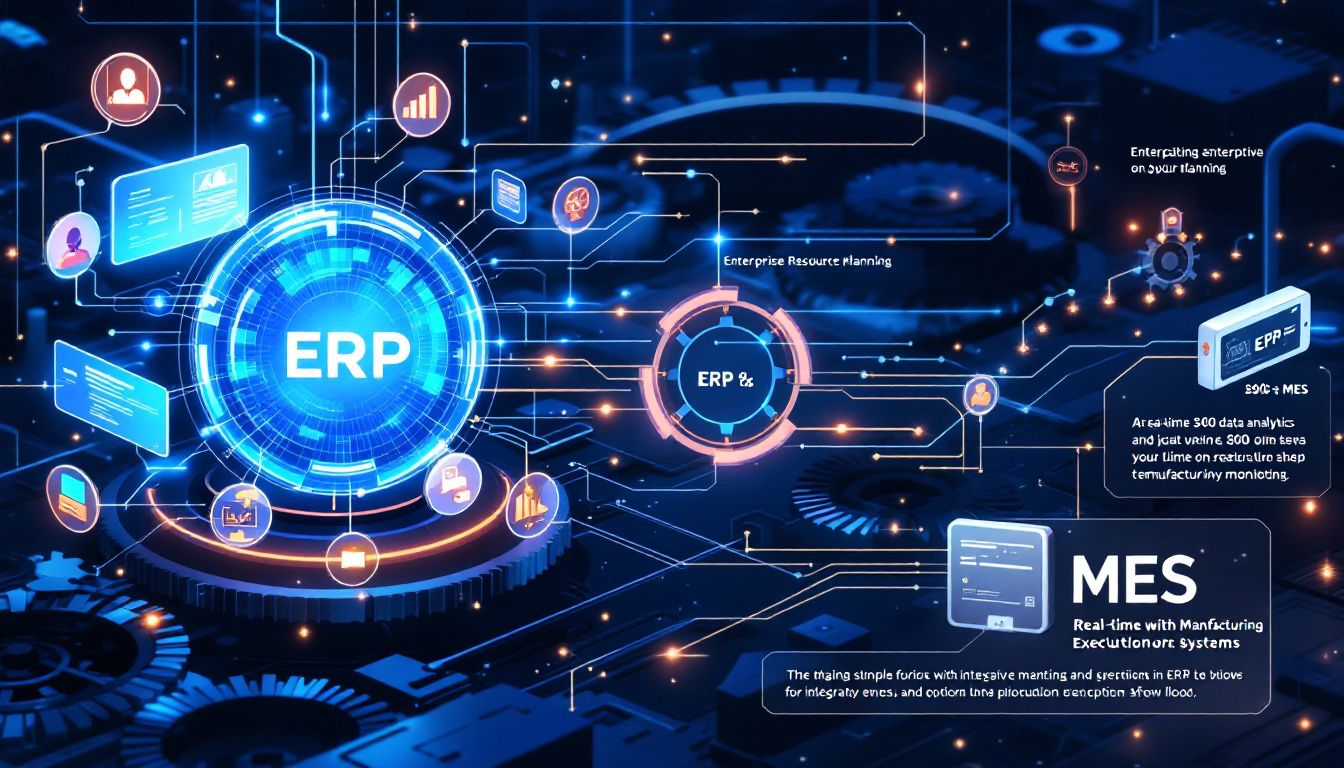 An image depicting the benefits of integrating ERP and MES systems for improved manufacturing operations.