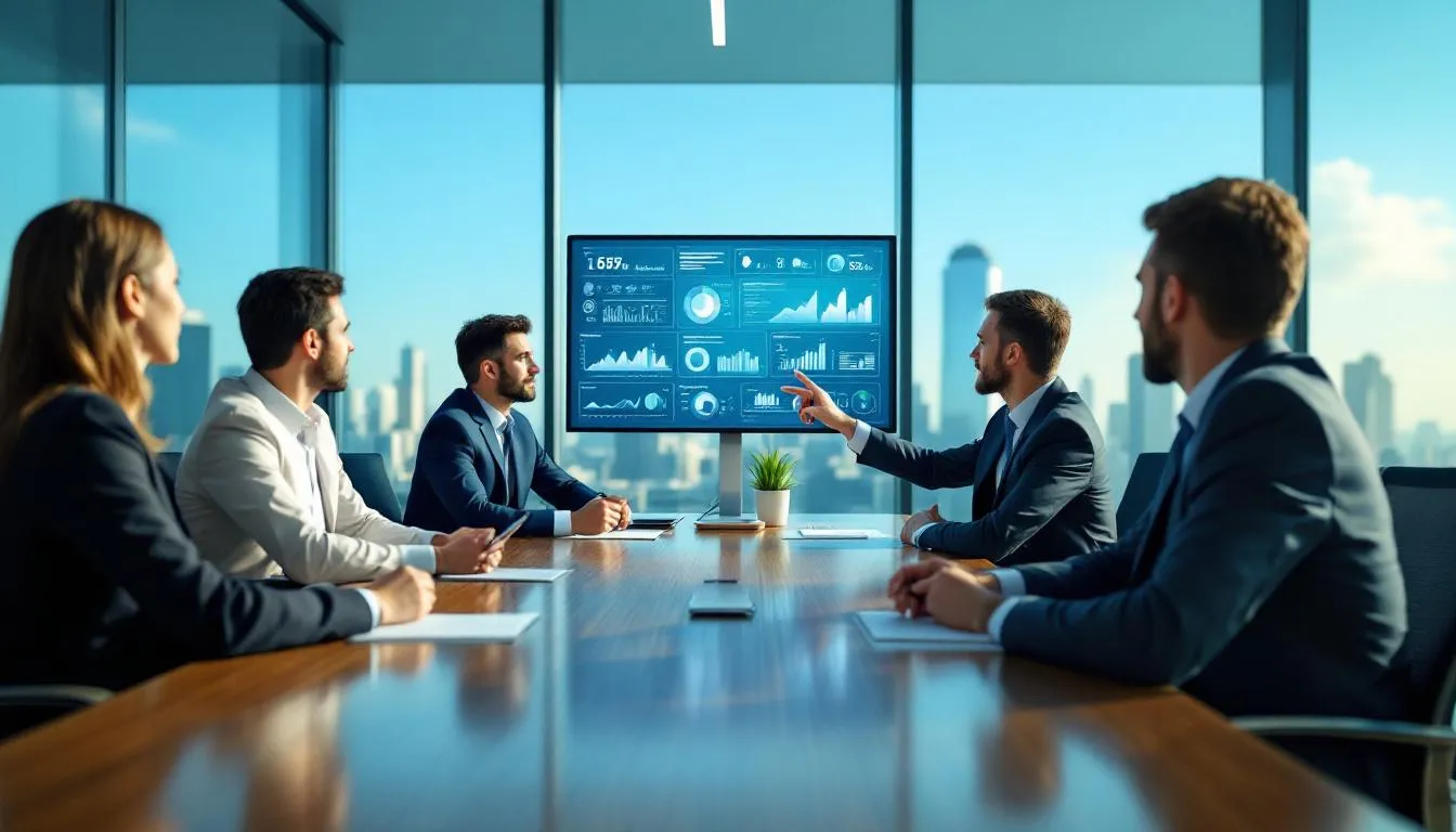 In einem modernen Konferenzraum diskutieren Geschäftsleute angeregt über Nachhaltigkeitsstrategien und ESG-Kriterien, um die Unternehmensführung zukunftsfähig zu gestalten. Die Teilnehmer konzentrieren sich auf die Aspekte von Umwelt, sozialen Belangen und Governance, um verantwortungsvolle Entscheidungen für ihre Unternehmen zu treffen.