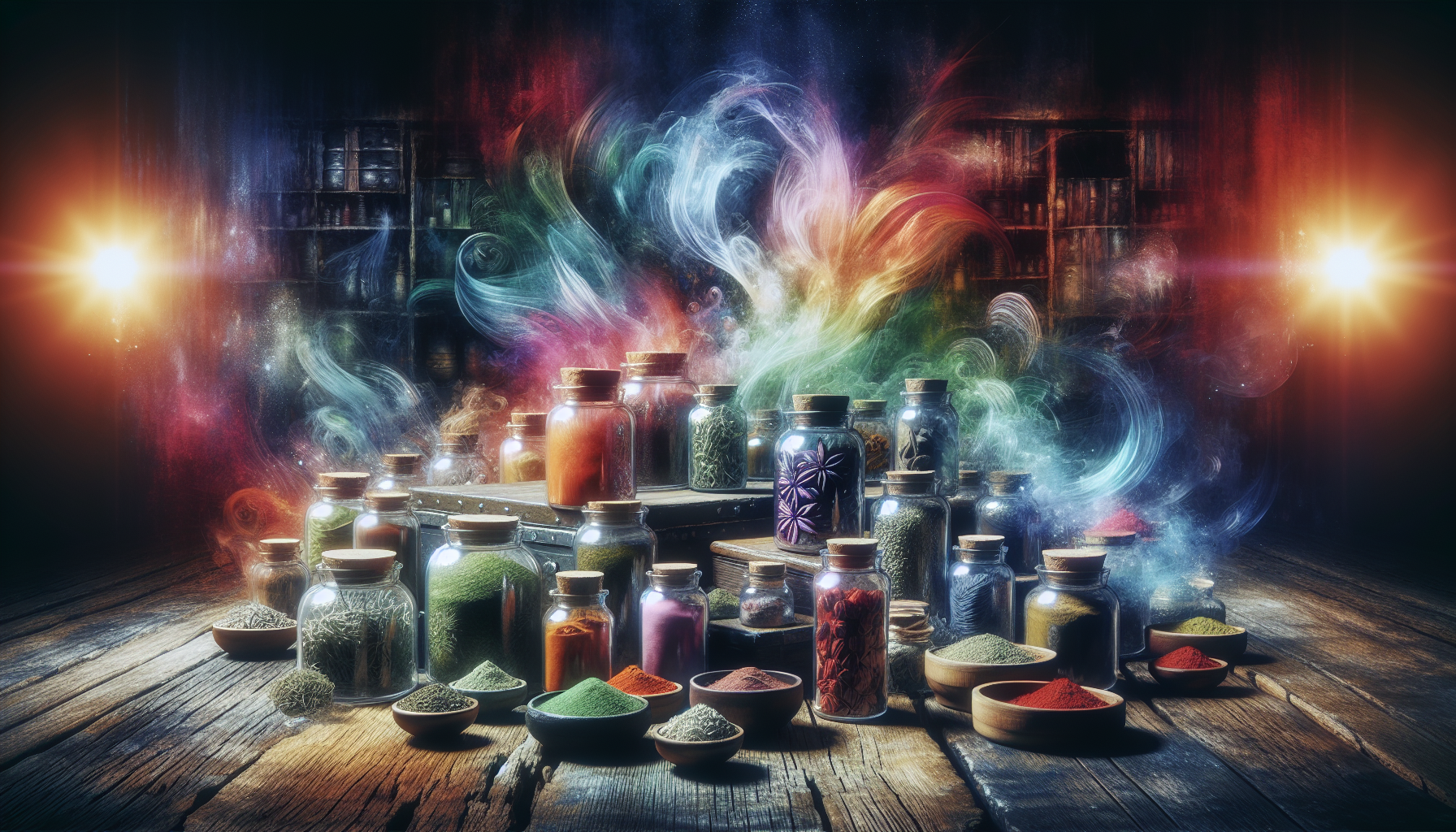 An artistic representation of the illegal market for spice products with various herbal mixtures and a mysterious background.