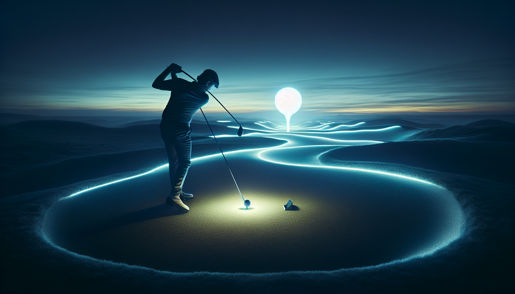 Golfer using LED ball on illuminated tee box at night