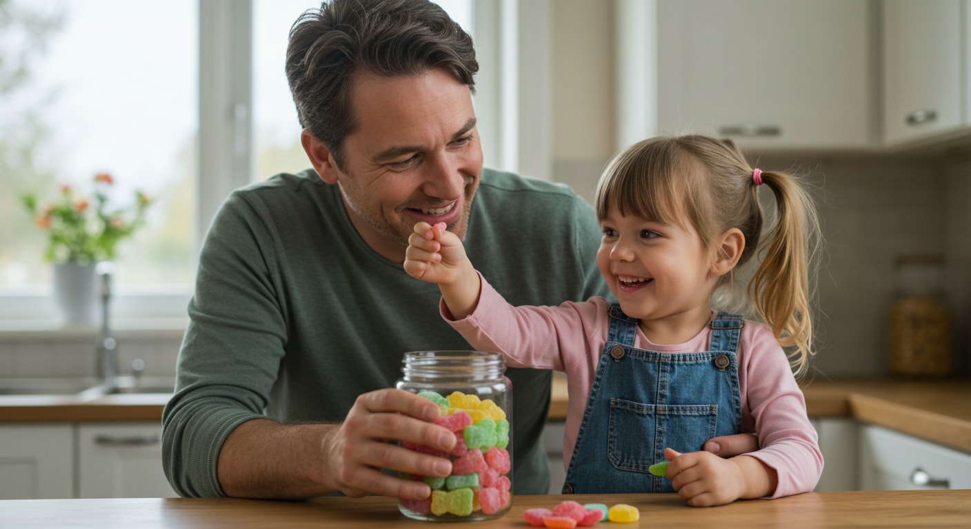 A child enjoying their favorite Swedish gummy with their parent