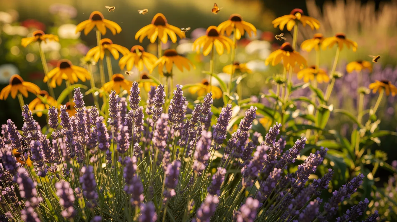 Ein sonniger Garten mit einem farbenfrohen Staudenbeet, in dem blühender Lavendel und Sonnenhut harmonisch nebeneinander wachsen. Die Pflanzen strahlen in lebendigen Farben und schaffen eine einladende Atmosphäre, die Bienen und andere Insekten anzieht.