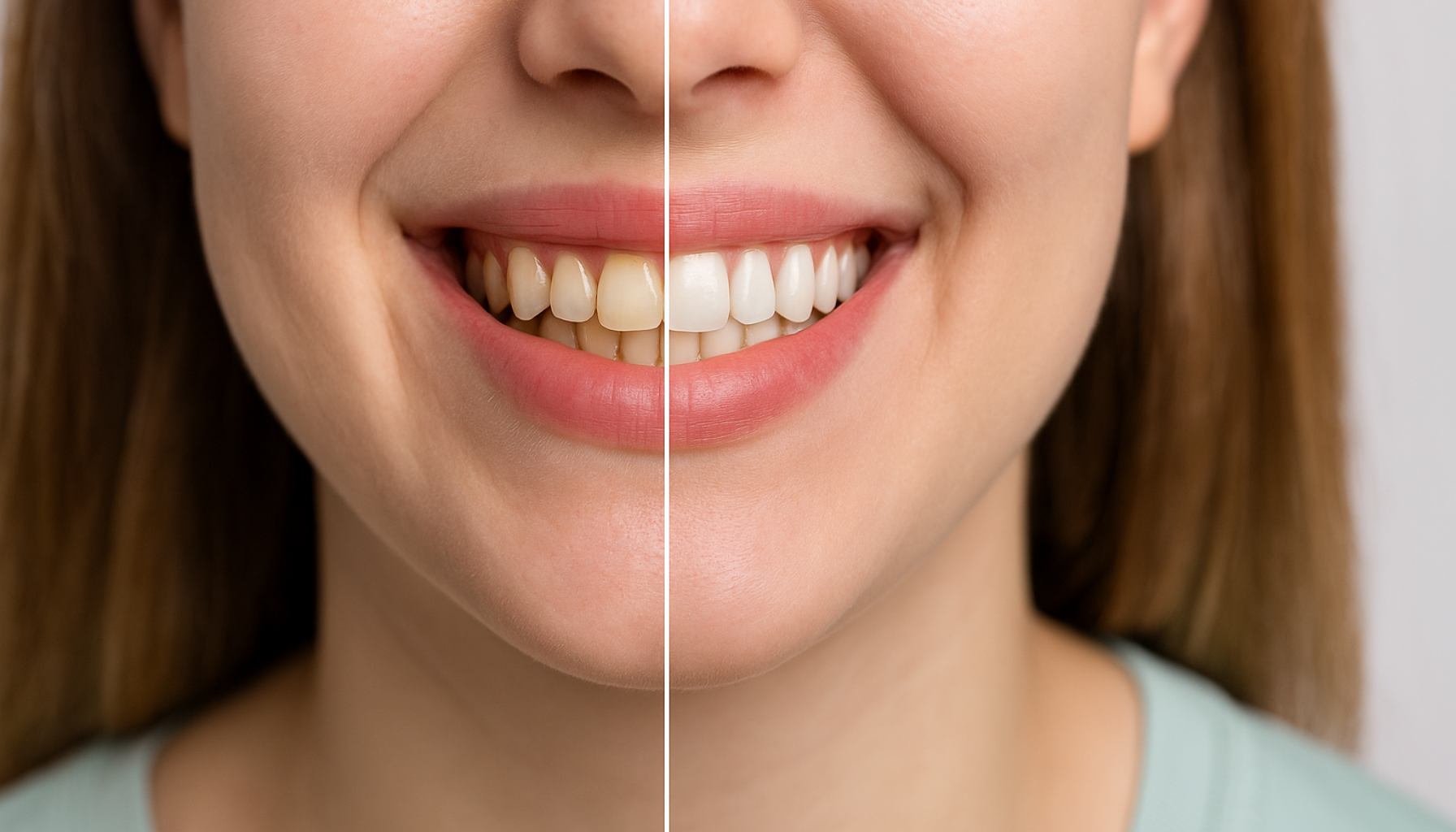 Tannbleking med Opalescence: Hvite Tenner Uten Risiko? 2 Nærbilde av smil som viser forskjell før og etter tannbleking med Opalescence, naturlig og sunn effekt.