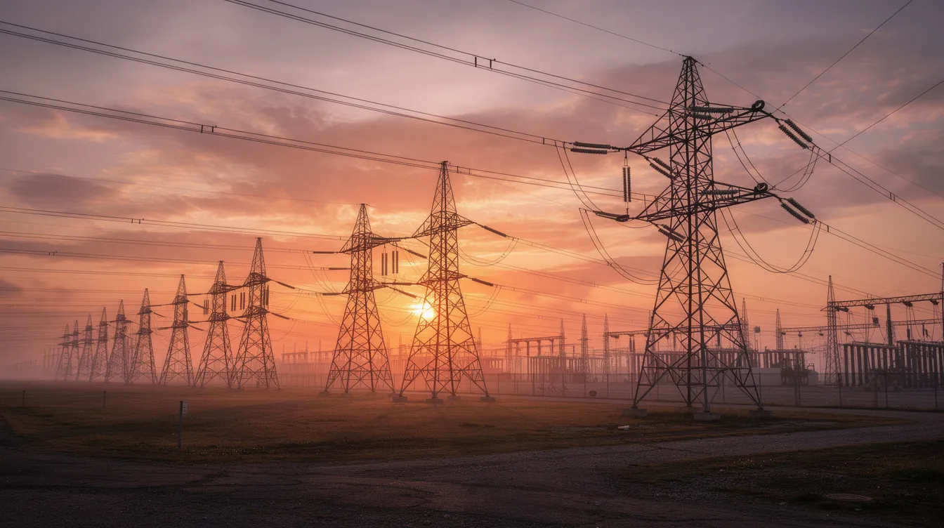 The image depicts an industrial power grid at sunset, showcasing silhouetted transmission lines and electrical towers against a vibrant orange and purple sky. This scene highlights the crucial role of energy infrastructure in a world increasingly shaped by artificial intelligence and efficiency gains.