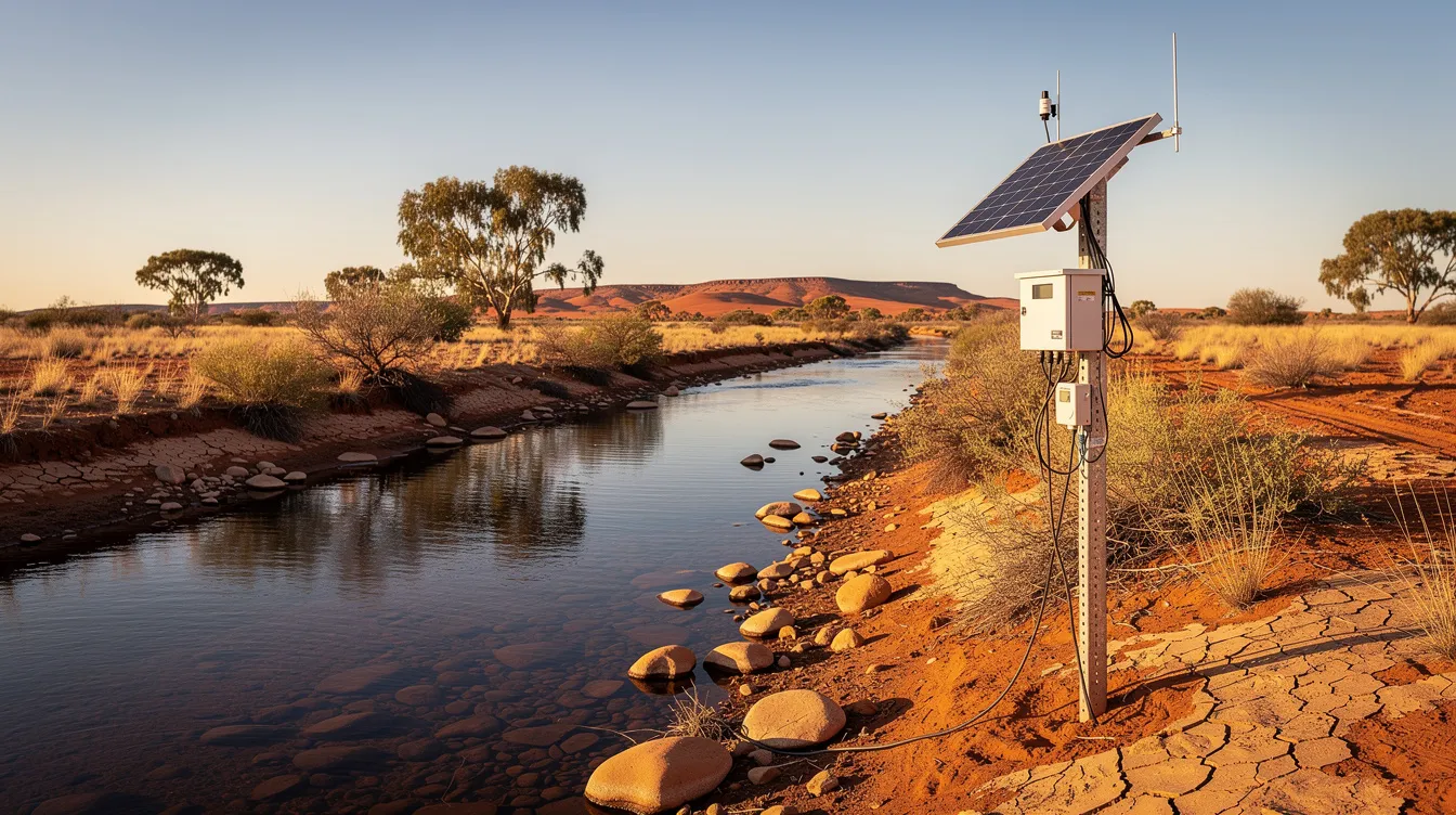 The image depicts a solar-powered water monitoring station situated beside a remote creek in the arid Australian landscape, designed for continuous monitoring of surface water quality and data collection. This essential installation contributes to understanding water resources and the health of the aquatic environment in the region.
