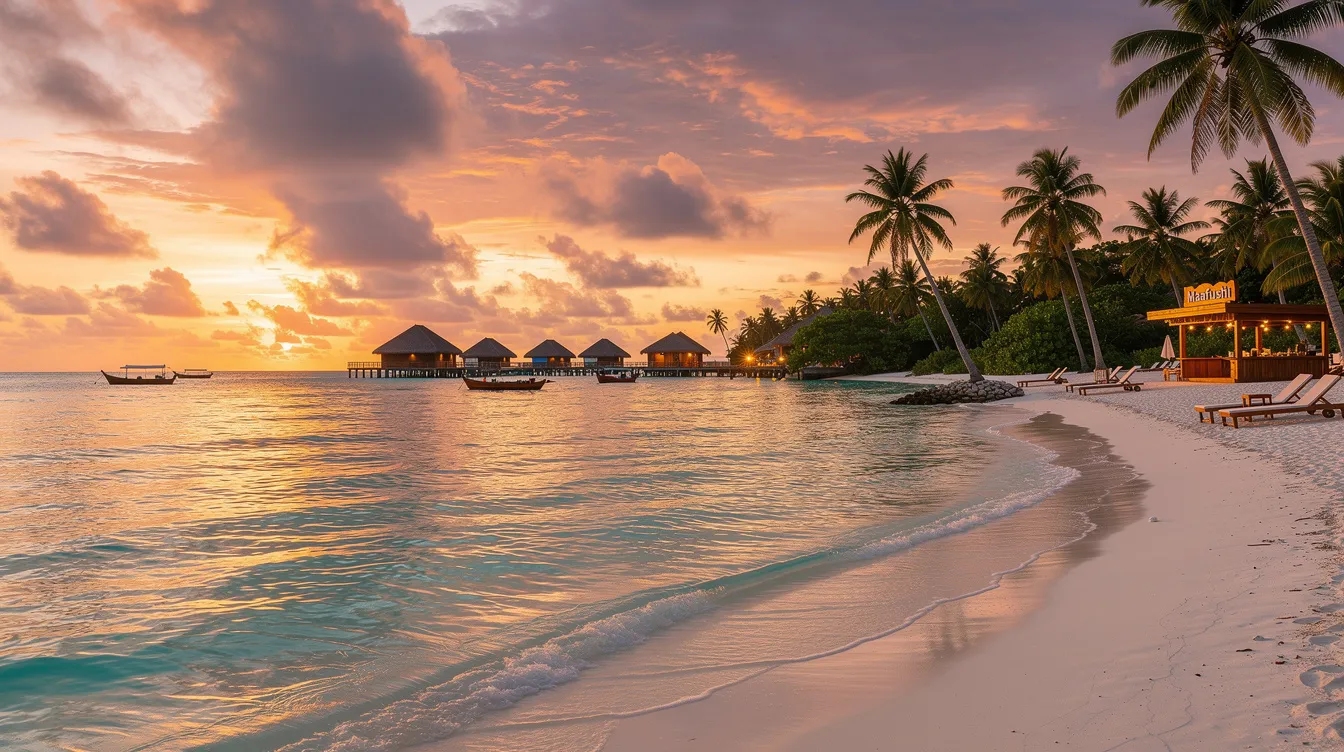 A imagem mostra a ilha de Maafushi, nas Maldivas, com suas águas cristalinas e areias brancas, cercada por palmeiras e resorts. É um destino paradisíaco popular entre turistas, ideal para relaxar e aproveitar atividades como mergulho e passeios de barco.