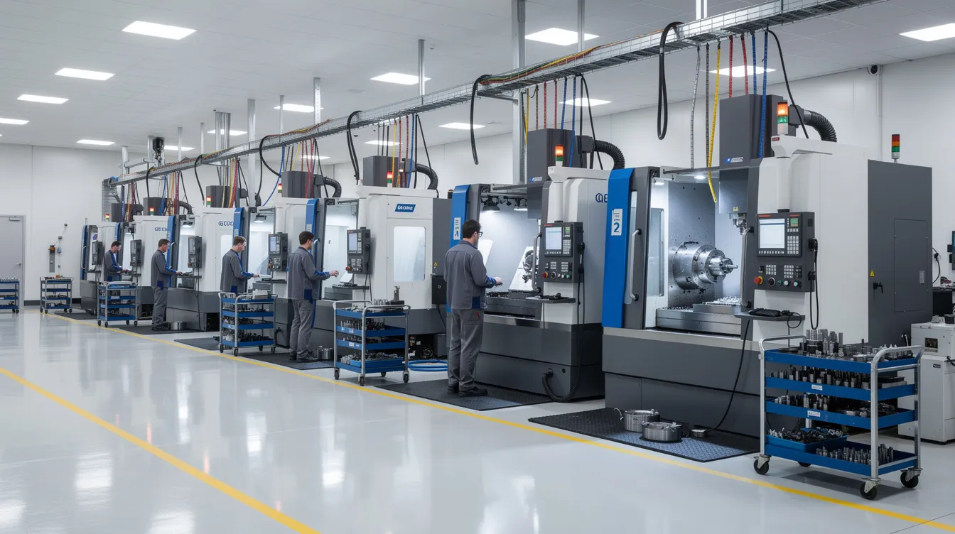 The image depicts a modern CNC machining shop floor, featuring rows of advanced multi-axis milling and turning centers operating in a clean, organized industrial setting. This environment highlights the precision CNC machining process, essential for producing high-quality CNC parts and components used in various industries, including aerospace and medical devices.
