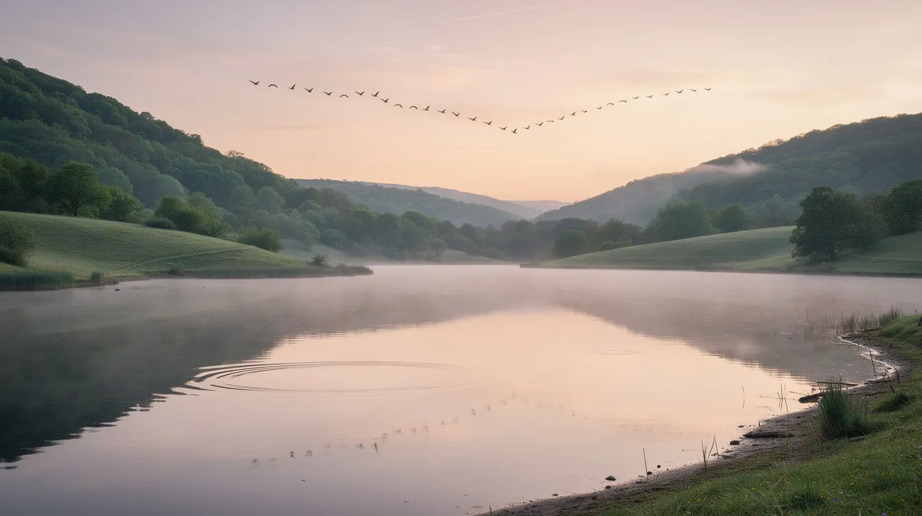 976f2438 8c9f 4fa7 9ec1 1f1100187036 A serene lake reflects the calm water as migratory birds gracefully fly overhead, with lush green hills framing the scene. This tranquil natural beauty highlights the rich cultural heritage and abundant natural resources of the region, making it an ideal spot for eco tourism and small business ideas.