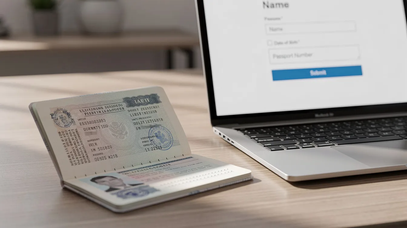 A close-up view of an open passport on a desk, beside a laptop displaying an online visa application form. The passport, a crucial identity document for immigration status, contains personal details and passport numbers, while the laptop screen indicates the ongoing application process for a visa through the UK government's immigration system.