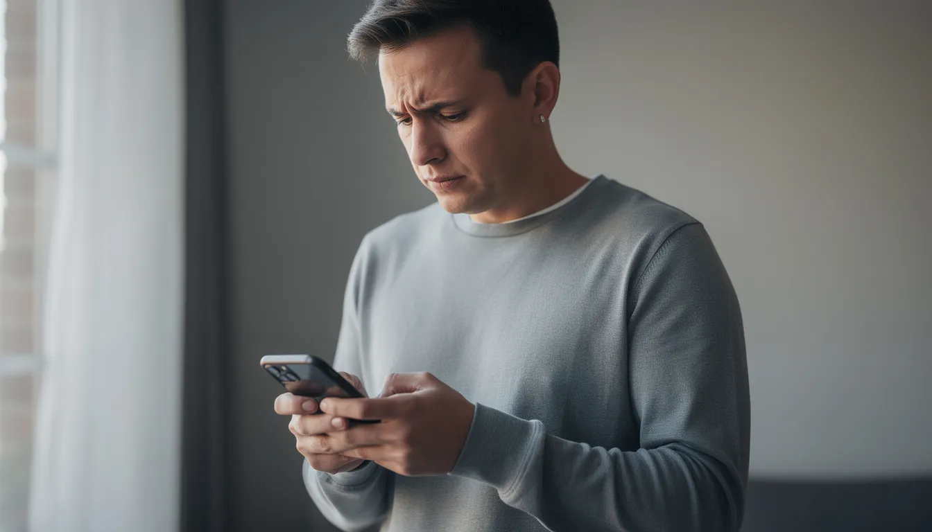 The image shows a person with a worried expression as they look at their smartphone, possibly concerned about their workers compensation claim or the implications of false statements. This reflects the anxiety many feel regarding claim decisions and the potential for video surveillance in cases of suspected fraud.