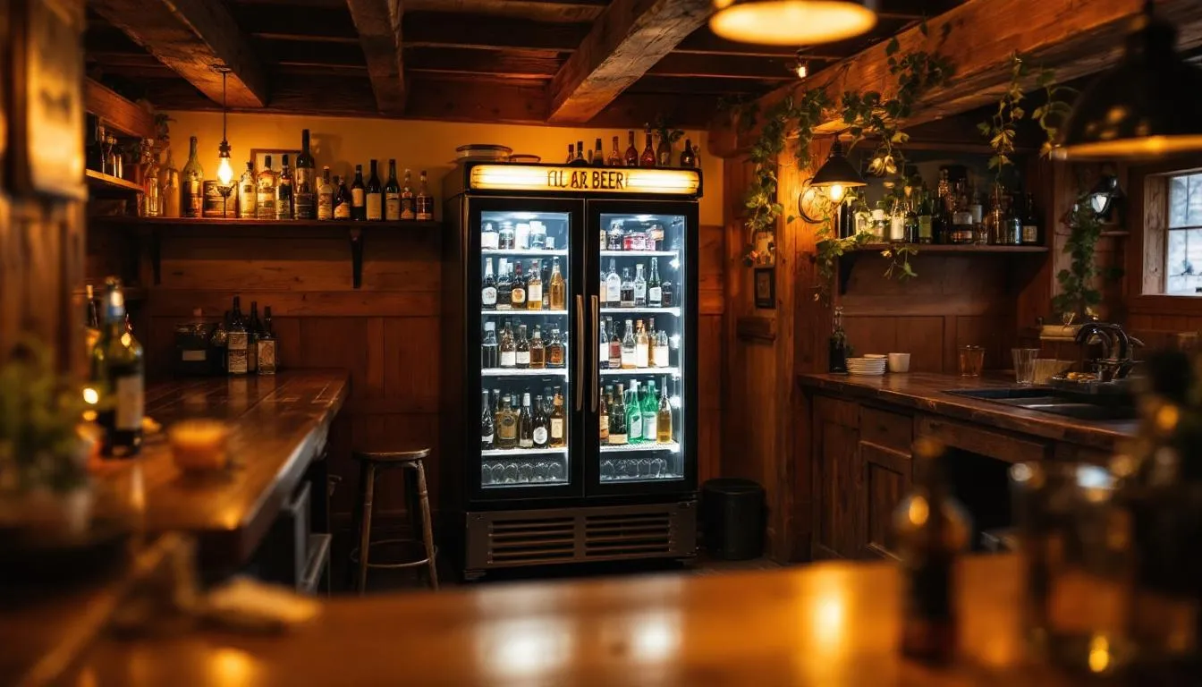 A sleek bar cooler with double glazed glass doors displaying drinks.