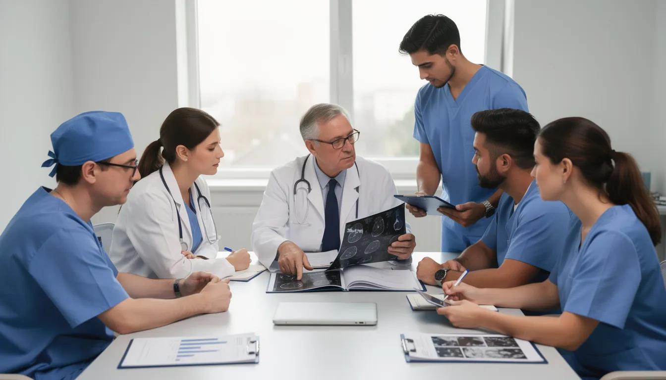 Une équipe médicale pluridisciplinaire discute autour d'un dossier patient, analysant les symptômes et les traitements liés au syndrome des ovaires polykystiques (SOPK) dans un cadre hospitalier. Cette conversation vise à améliorer la prise en charge des femmes souffrant de cette affection complexe, en tenant compte des impacts sur le cycle menstruel et la reproduction.