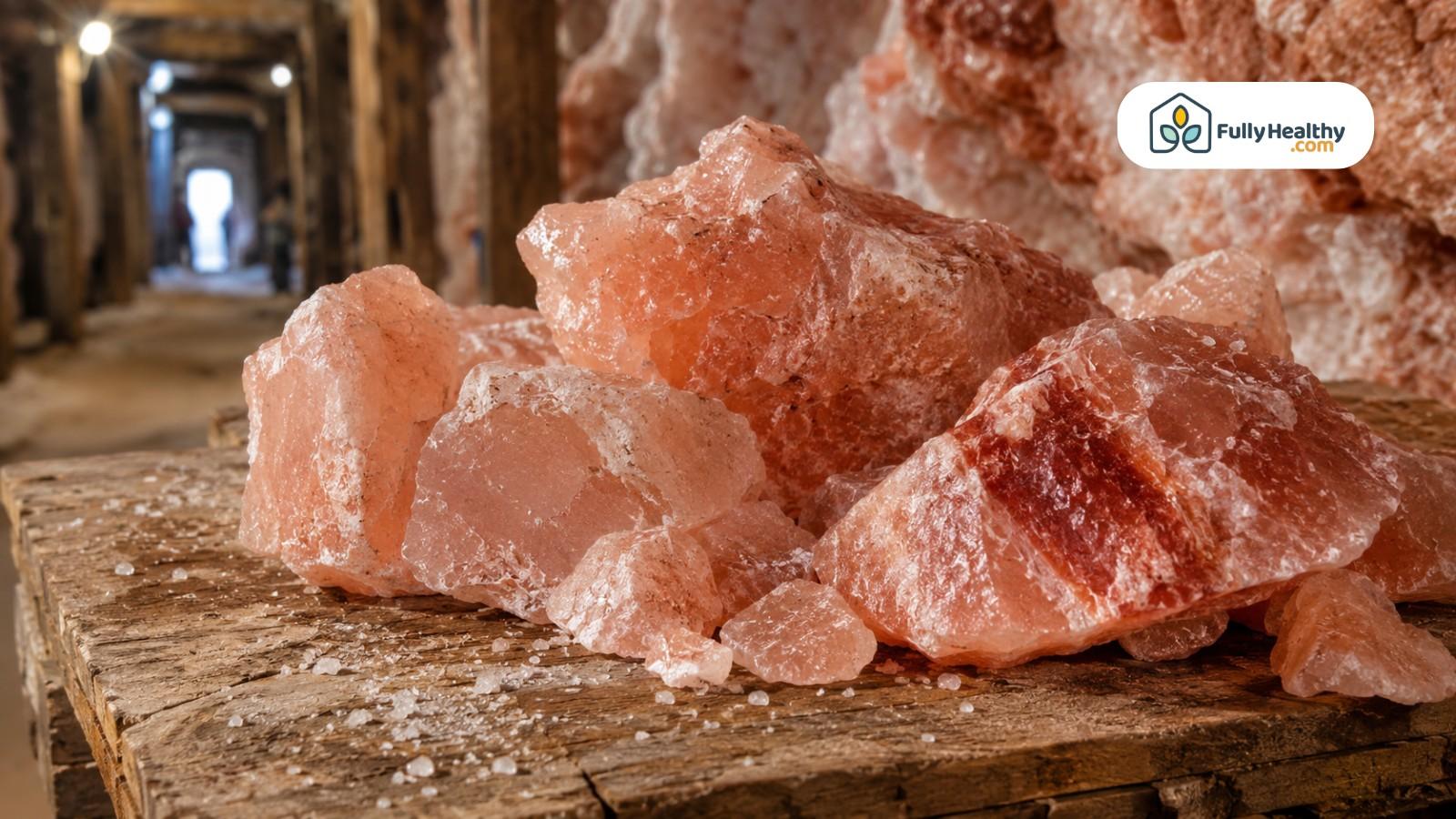 Close-up of Himalayan pink salt crystals on a wooden table inside mine