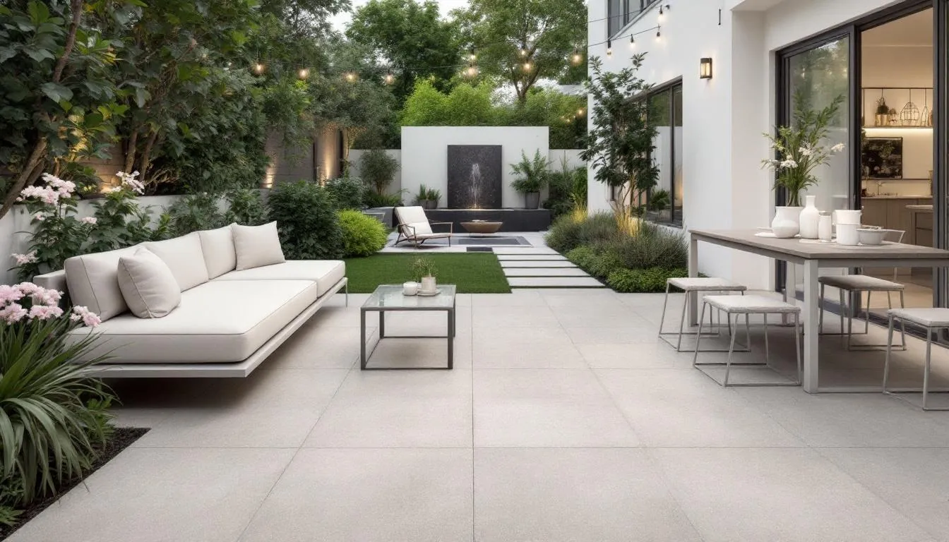 The image depicts a modern outdoor patio adorned with elegant outdoor porcelain tiles, featuring stylish outdoor furniture and well-maintained landscaping. The beige tiles create a durable and low-maintenance space, ideal for relaxation and entertaining in a beautiful garden setting.