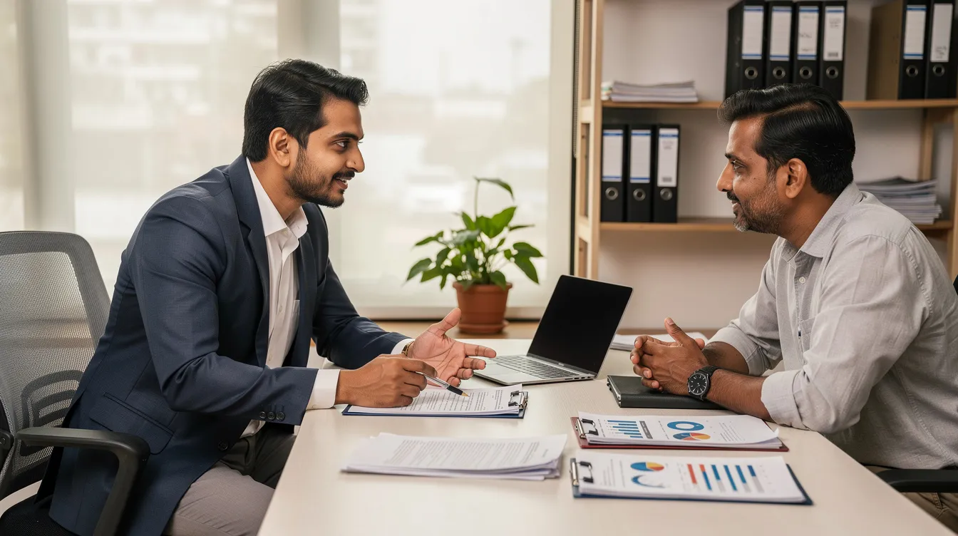 An Indian professional is seated at a desk in an office, engaged in a discussion with a small business owner about various documents related to business loans and financial assistance. The scene highlights the importance of mudra loans and eligibility criteria for small and micro enterprises seeking financial support.