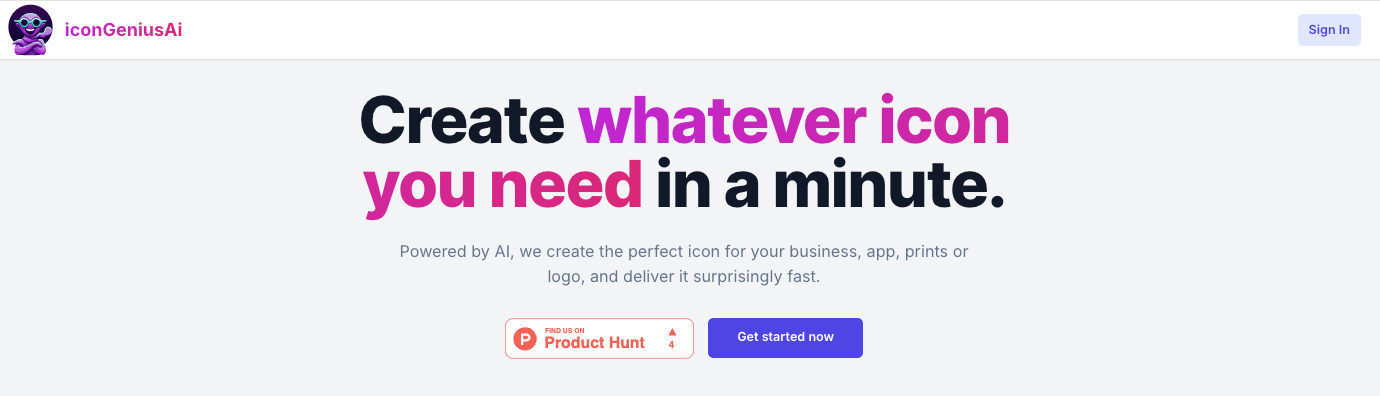 iconGeniusAi homepage with bold tagline promoting fast AI icon generation for business, app, print, or logo use cases