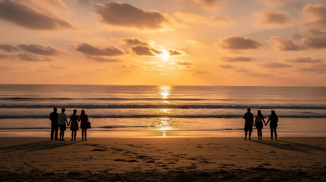 The image depicts a golden sunset over the Atlantic Ocean, with silhouettes of people enjoying the beach. In the background, the iconic Hassan II Mosque can be imagined, symbolizing the rich cultural heritage of Casablanca, a vibrant city known for its art deco architecture and bustling atmosphere.