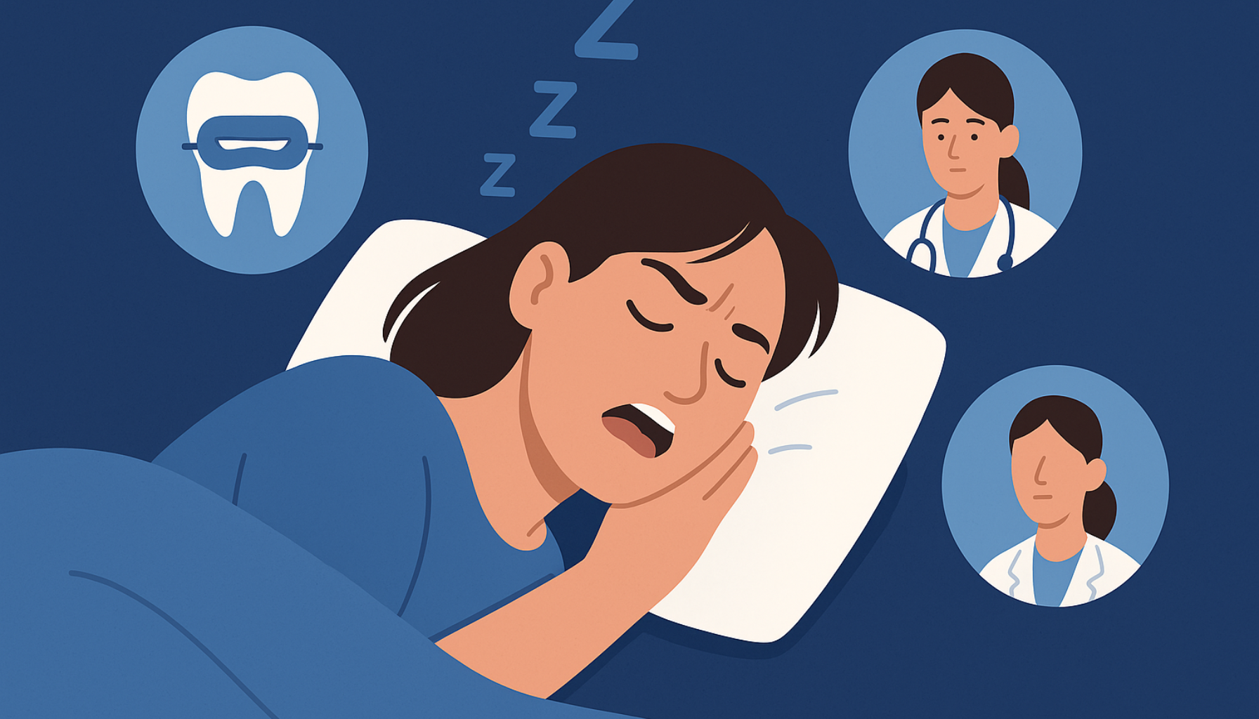 Snorking: Når Det Er Mer Enn Bare Irriterende – Og Hvordan Tannlegen Kan Hjelpe 1 Illustrasjon av kvinne som snorker i søvne, omgitt av symboler for tannskinne og tannlege som kan hjelpe ved søvnproblemer.