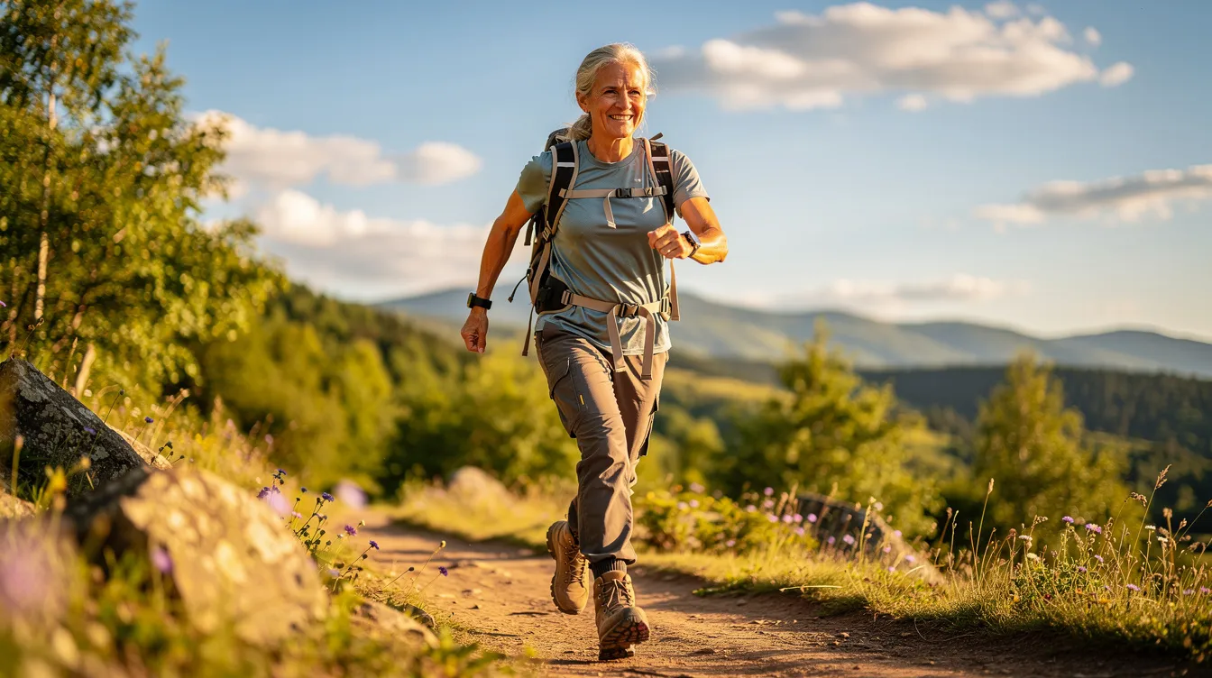 A middle-aged person is energetically hiking outdoors on a sunny day, embodying a healthy lifestyle that supports cellular energy production and overall vitality. Their active demeanor reflects the benefits of NAD supplementation and its role in promoting healthy aging and improved mental clarity.