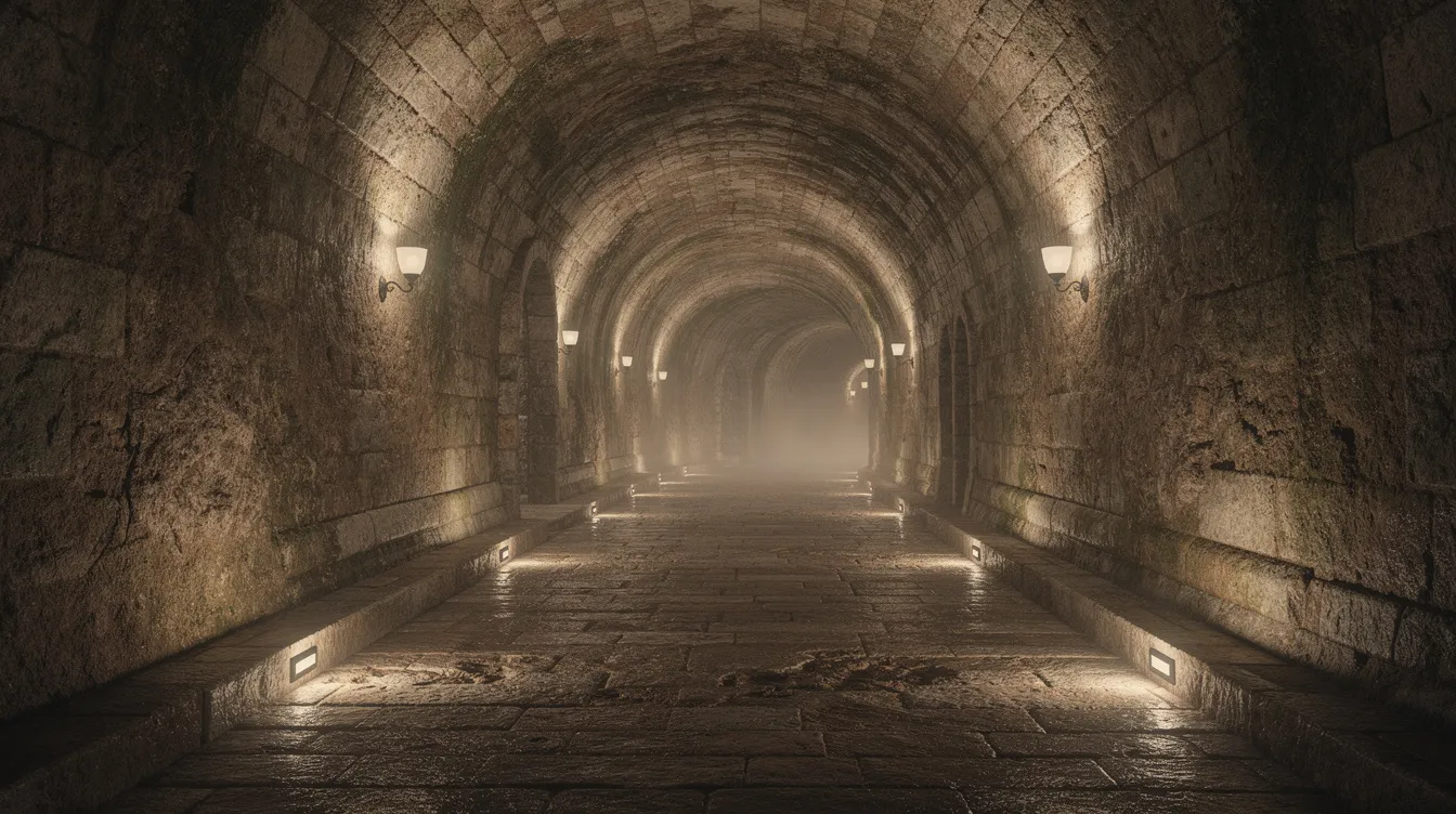 Imagem de um túnel subterrâneo histórico, com paredes de pedra rústicas e iluminação suave, proporcionando uma atmosfera misteriosa. Este local pode ser uma atração turística na Croácia, refletindo a rica história e cultura do país.