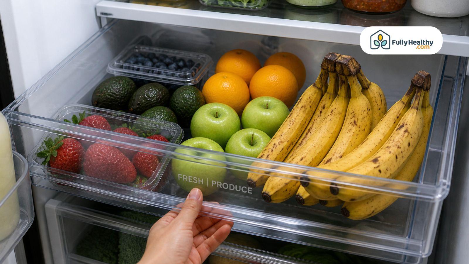 Ripe bananas stored in fridge drawer with fresh fruits and produce