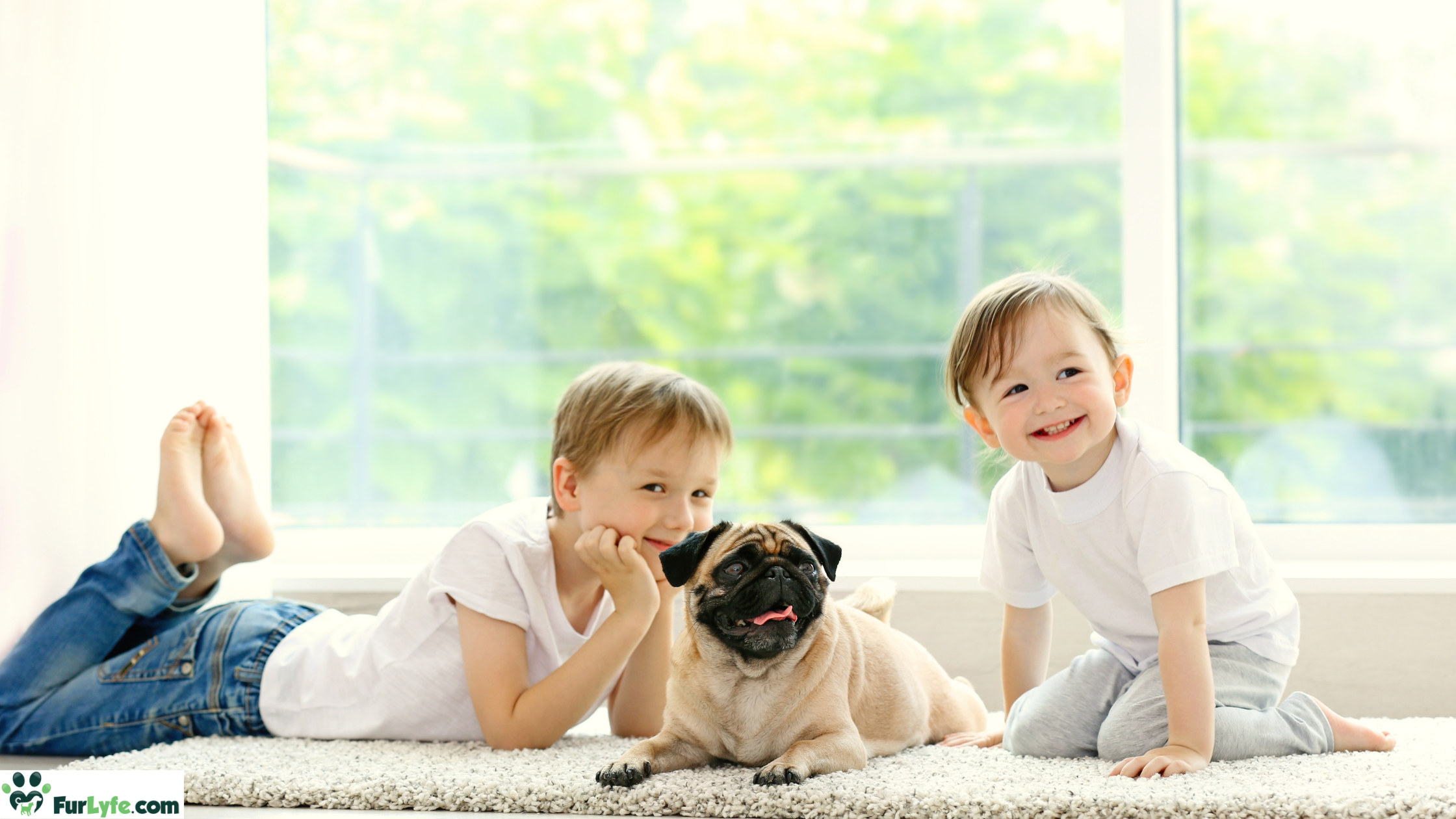 A Pug sitting next to two smiling children