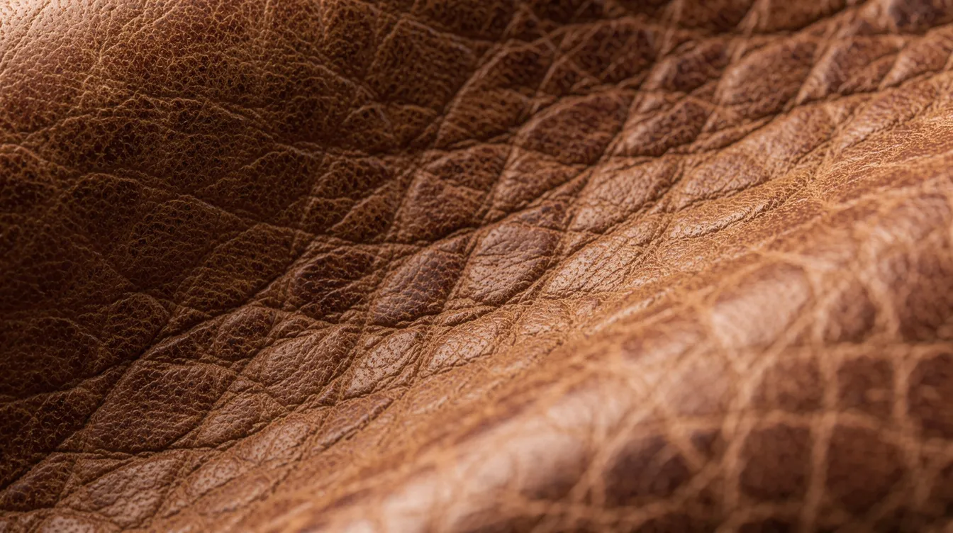 A close-up view of Italian full-grain leather showcases its natural grain patterns and subtle variations, highlighting the highest quality and supple feel of the material. This luxurious texture is perfect for leather watch straps, offering durability and style for any wrist.