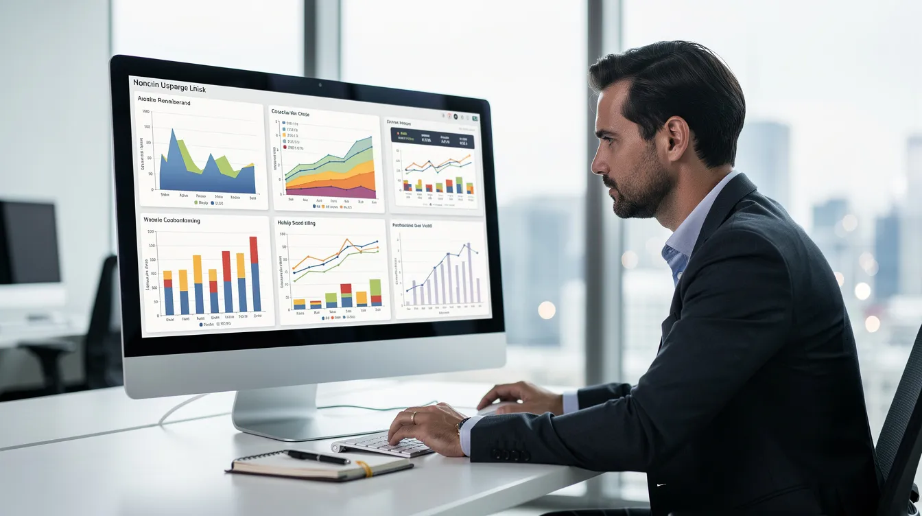 A finance professional is intently reviewing various financial charts on a computer screen in a modern office setting, analyzing key metrics such as cash flow projections and market capitalization to assess the company's intrinsic value. The environment reflects a focus on corporate finance, with documents and financial statements providing insights into valuation methods and financial health.