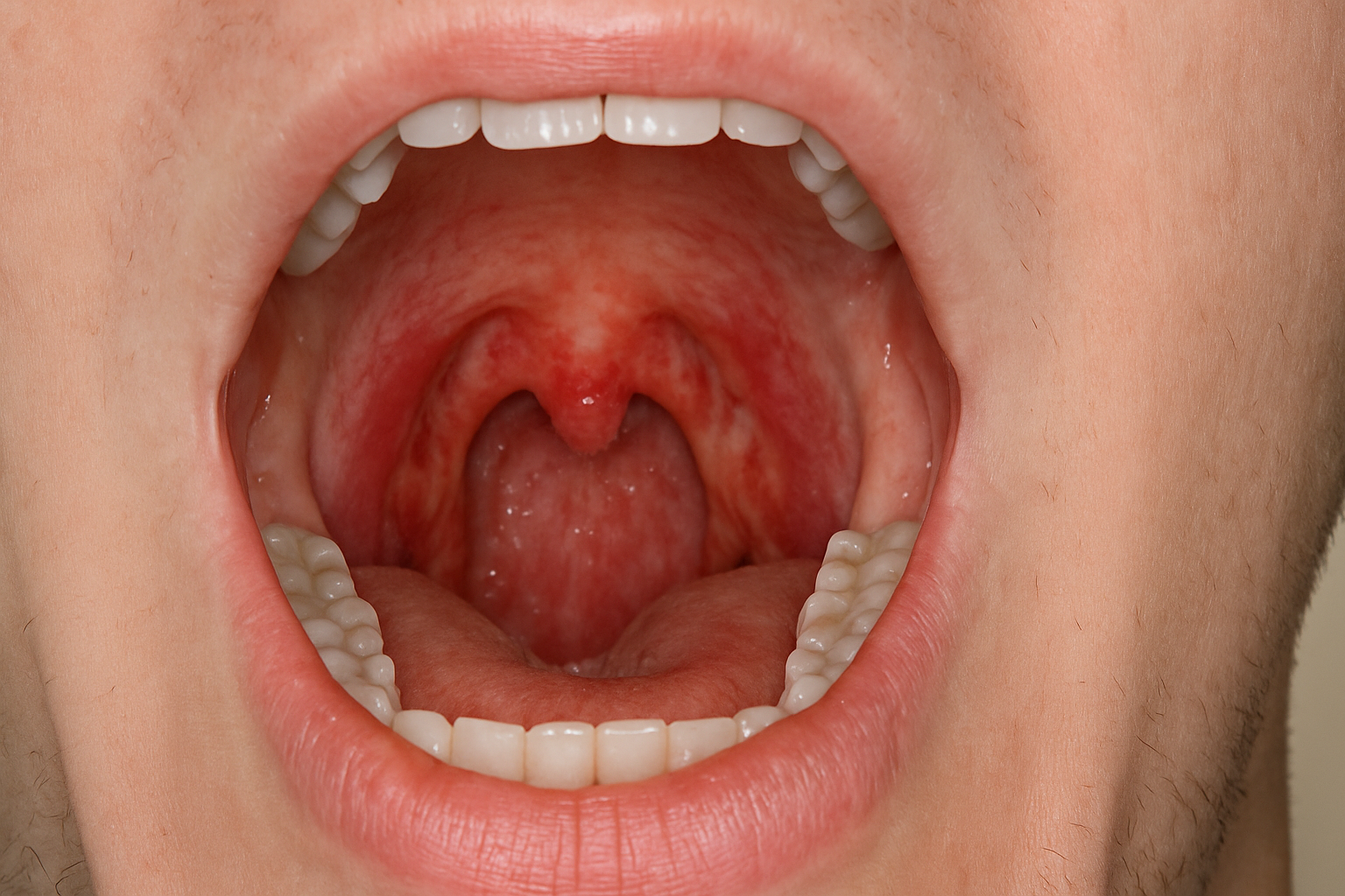 Nærbilde av en åpen munn som viser ganen, tenner, tunge og drøvel med naturlige farger og tydelige detaljer.