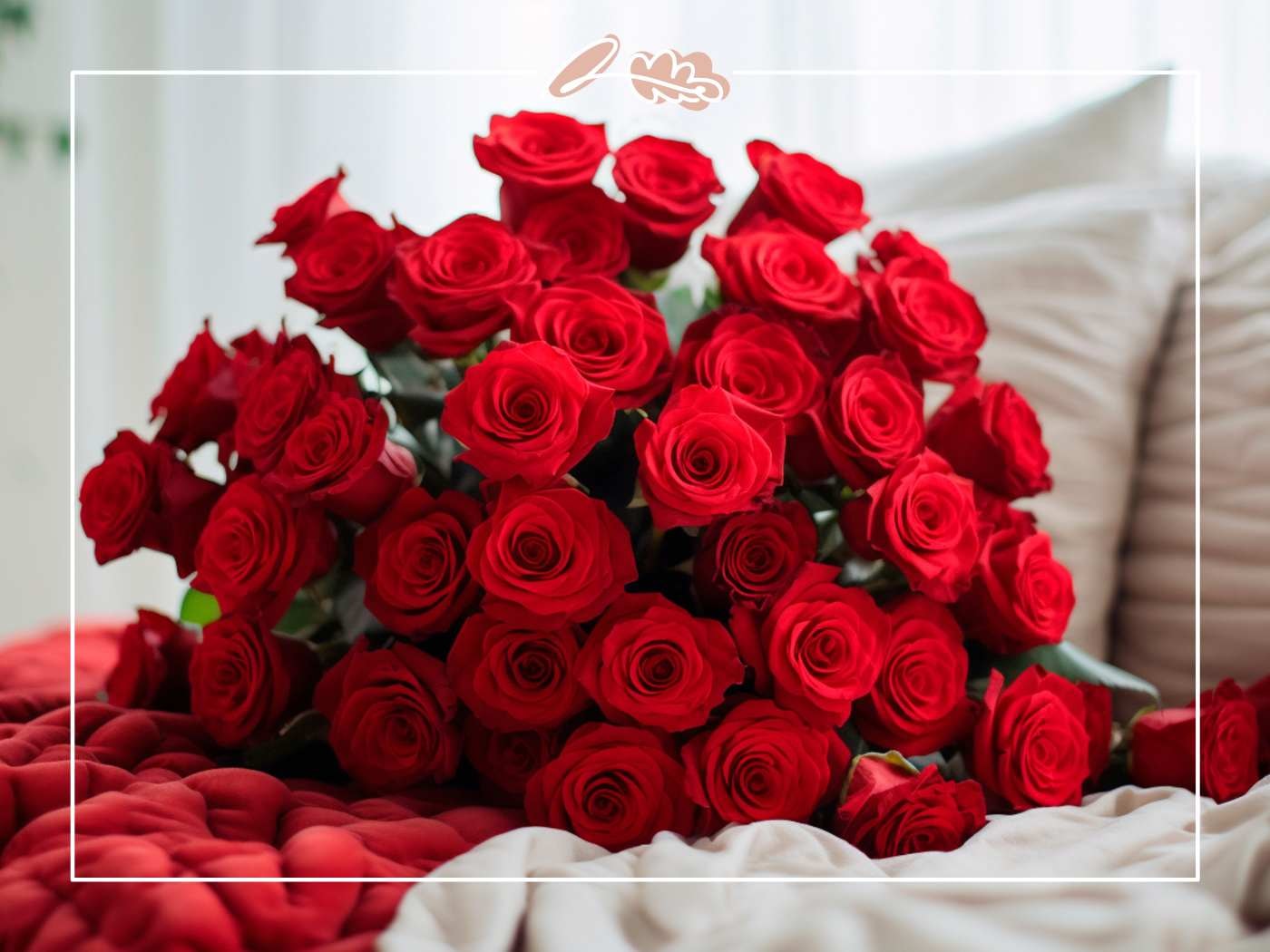 Red rose bouquet resting on a bed with soft pillows and blanket, romantic Valentine scene, Fabulous Flowers border.