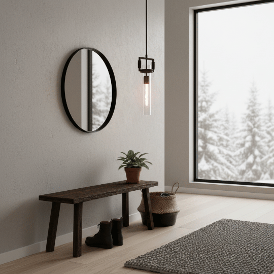 Minimal pendant light with exposed bulb illuminating a Nordic-style entryway in a Scandinavian home.