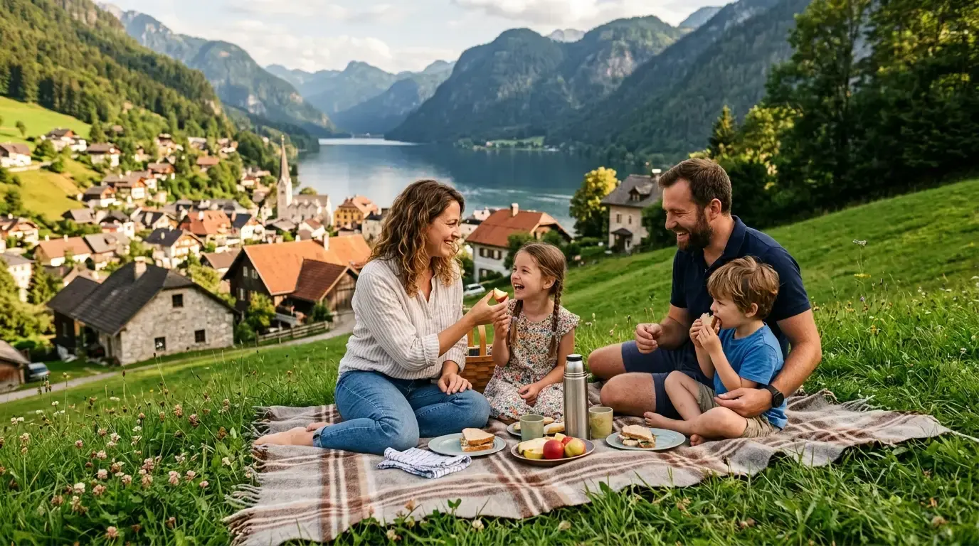 Family having a picnic on a hillside above a lakeside village