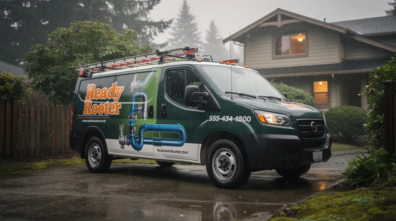 A Ready Rooter-style plumbing service van is parked in a residential driveway under the rain, showcasing the company's commitment to reliable plumbing services. The scene reflects a typical Pacific Northwest day, emphasizing the importance of efficient solutions for homeowners facing plumbing issues.
