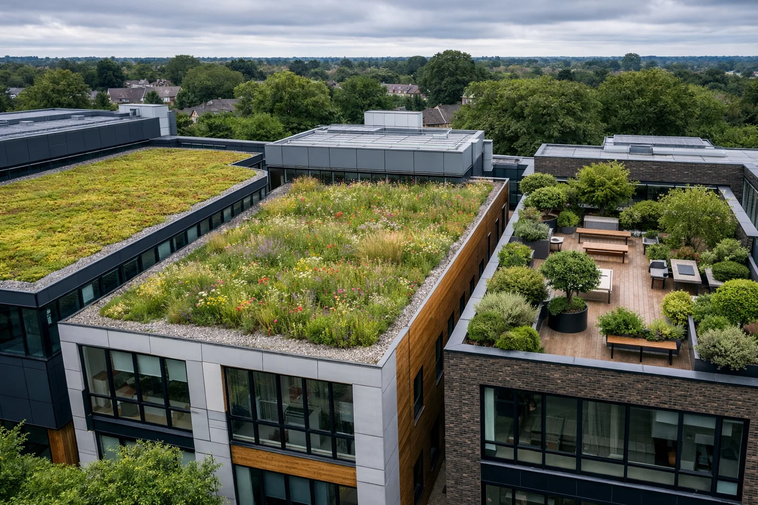 Different types of green roofs on UK buildings, including extensive sedum roofs, semi-intensive wildflower roofs and intensive rooftop gardens.