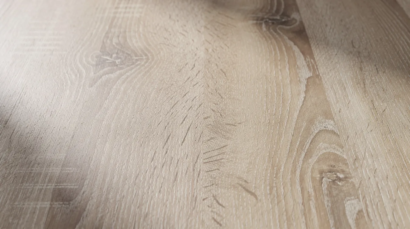 Närbild av en bordsskiva i ljus ek som visar den vackra ådringen i träet. Denna typ av matbord i trä ger en varm och naturlig känsla till hemmet och passar utmärkt för både köksbord och matsalsbord.