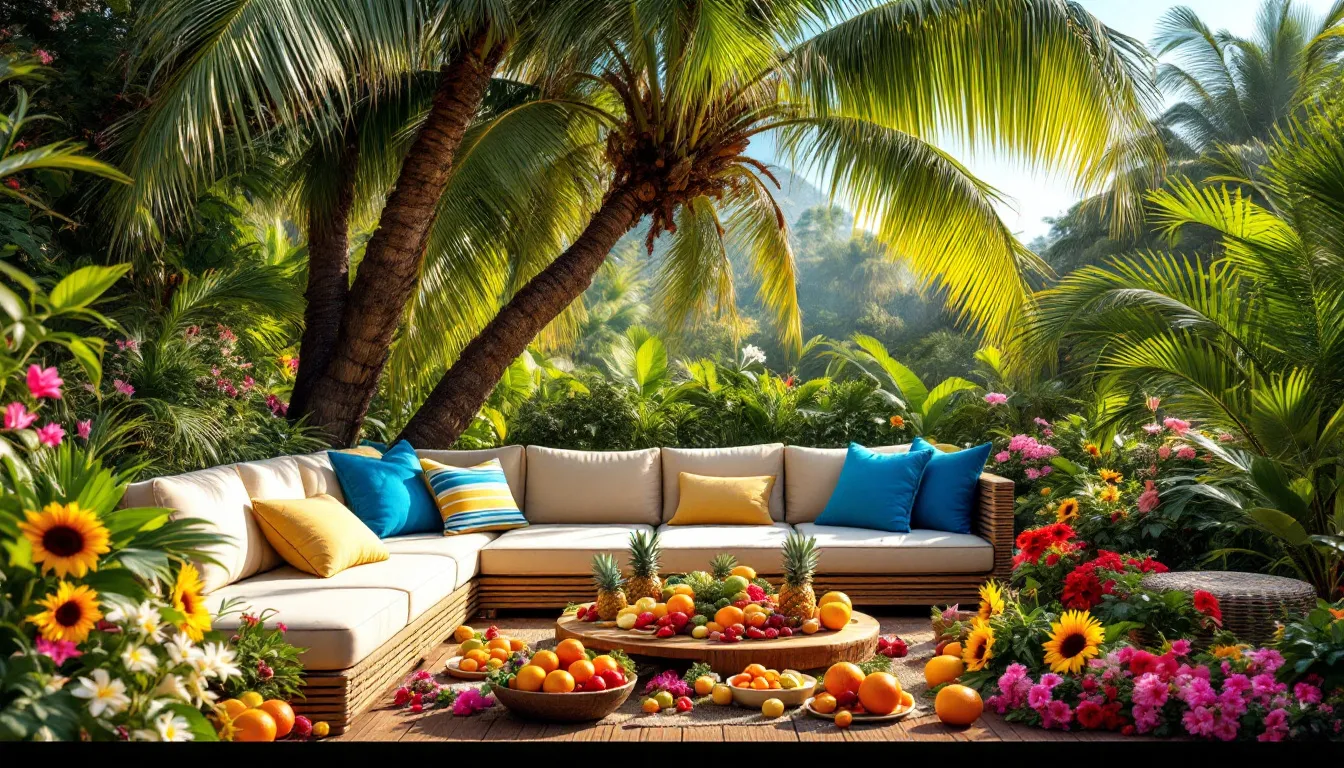 A functional outdoor escape zone with comfortable seating and shade, ideal for summer relaxation.