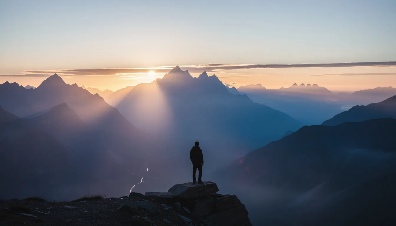 A silhouette of a person stands before a vast mountain landscape at sunrise, embodying a moment of spiritual transcendence as they connect with the awe-inspiring beauty of nature. This scene evokes a sense of self-awareness and spiritual awakening, inviting viewers to reflect on their own journey of self-realization and connection to the divine.