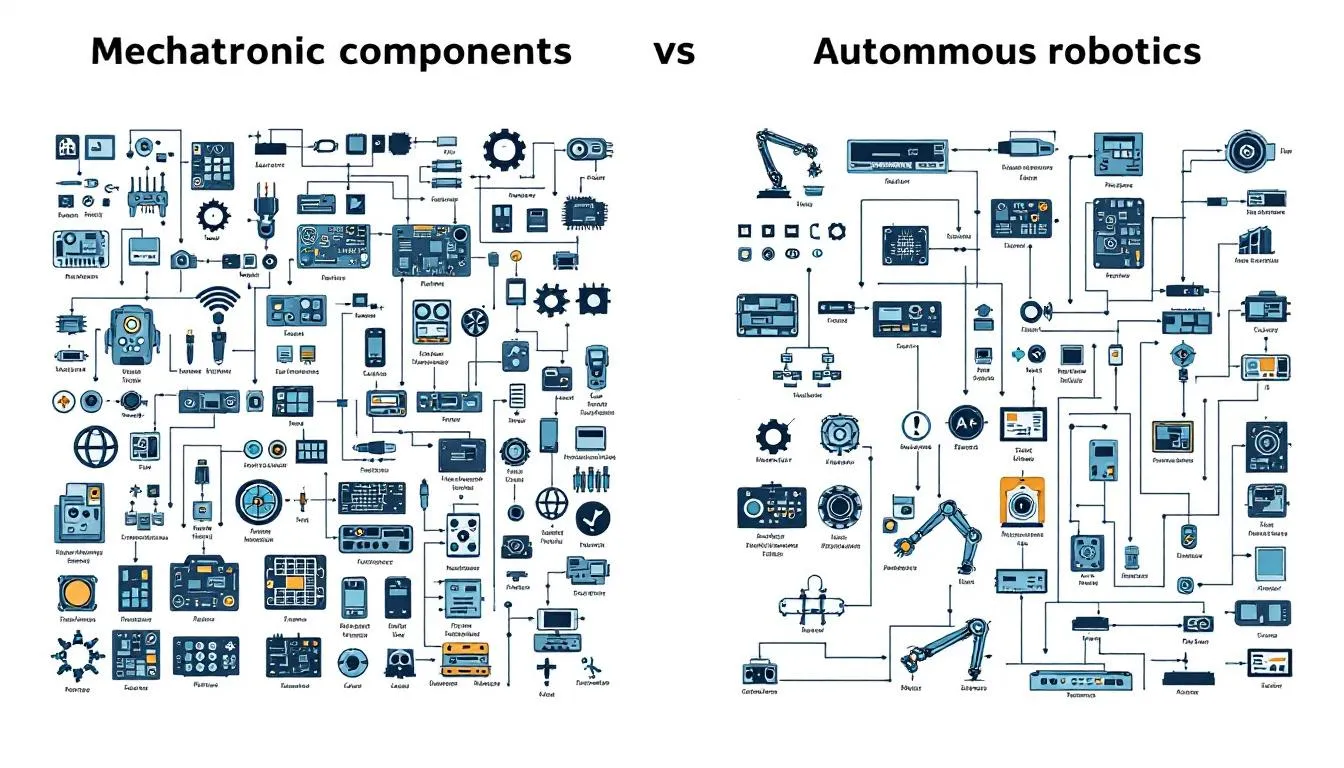 The image depicts a comparison diagram that illustrates mechatronic components on one side, including mechanical and electrical systems, and autonomous robotic systems on the other, showcasing the integration of multiple disciplines in mechatronics engineering and robotics. This visual emphasizes the synergy between control systems and intelligent machines, highlighting their applications in advanced manufacturing and automation.