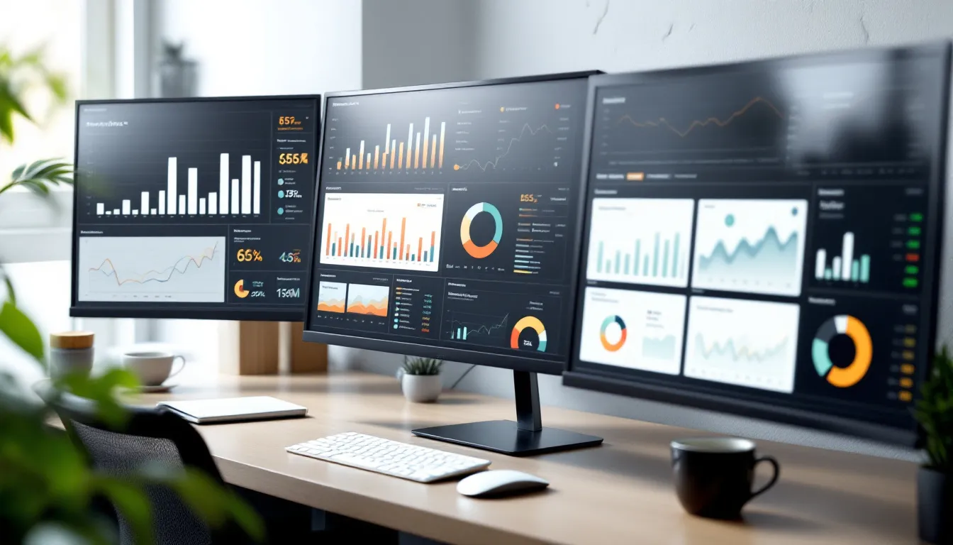 The image shows a business analytics dashboard featuring various performance charts and graphs displayed on multiple computer screens, highlighting key metrics and data visualizations that support organizational goals and strategies for future success. This dashboard serves as a vital tool for leaders and teams to monitor progress, drive innovation initiatives, and enhance employee engagement within the work environment.