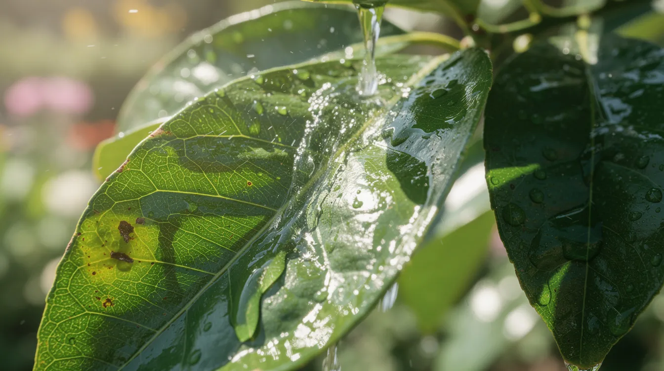 A close-up view of glossy citrus leaves being rinsed with water outdoors, showcasing the vibrant green foliage typical of a mature Meyer lemon tree. The sunlight highlights the droplets of water on the leaves, emphasizing their freshness and vitality.