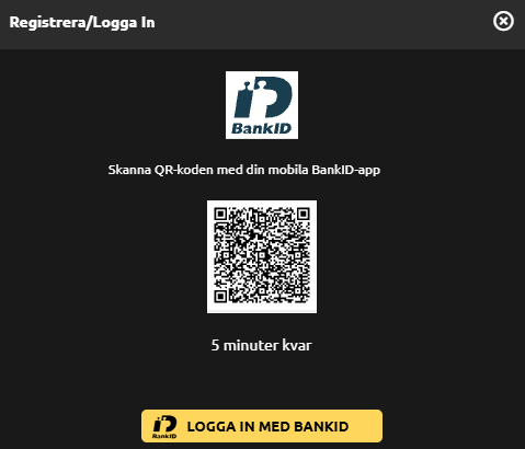 Inloggning hos 44Aces med BankID och QR-kod.