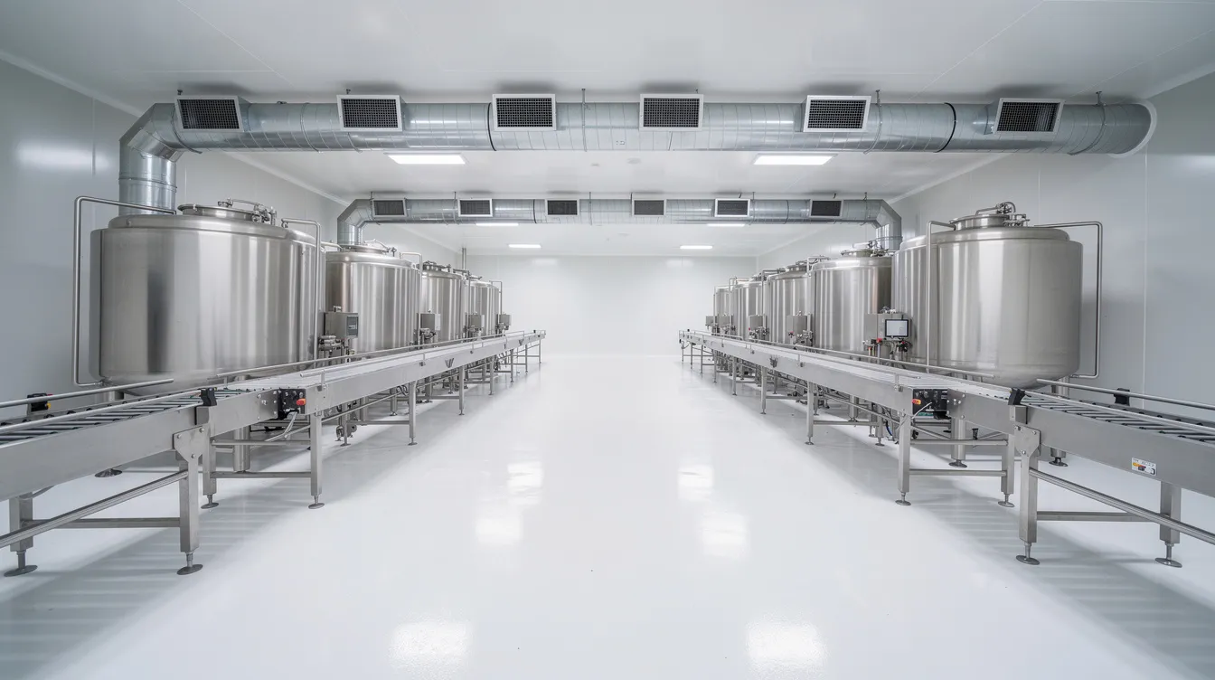 The image depicts a clean room environment within a food processing facility, featuring stainless steel equipment and advanced air handling units designed to maintain a sterile environment. This setting is essential for the aseptic filling and packaging process of UHT milk and other dairy products, ensuring the nutritional quality and extended shelf life of the beverages produced.