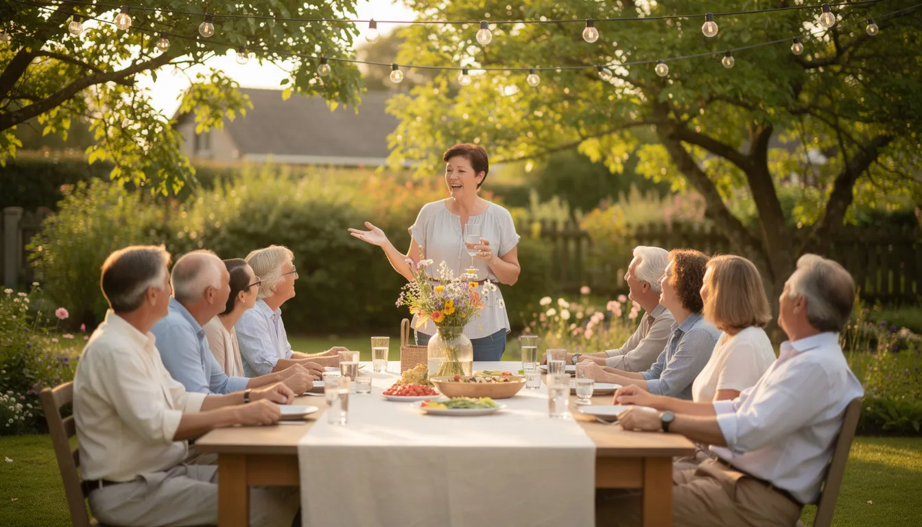 En familj samlad runt ett bord i en sommarträdgård, där de lyssnar på någon som håller ett tal, vilket ofta förekommer vid studentfirande. Det är en glad och festlig atmosfär som markerar studentens lyckliga dag.