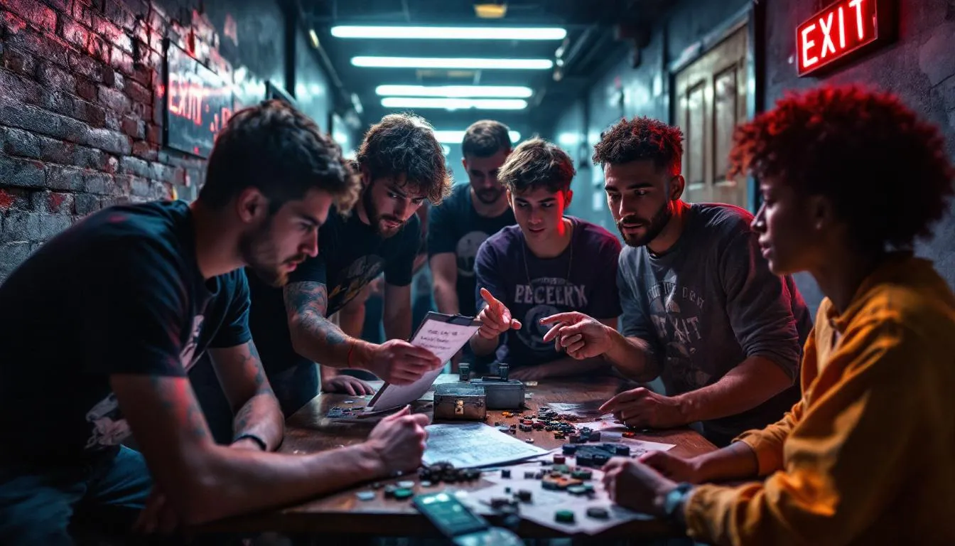 Na obrazku widać grupę młodych ludzi, którzy bawią się w escape roomie, intensywnie współpracując, by rozwiązać zagadki. Ich radosne twarze i zaangażowanie sugerują, że to doskonały sposób na spędzenie czasu i stworzenie niezapomnianych wspomnień, co czyni to doświadczenie świetnym pomysłem na prezent na 18 urodziny dla dziewczyny.