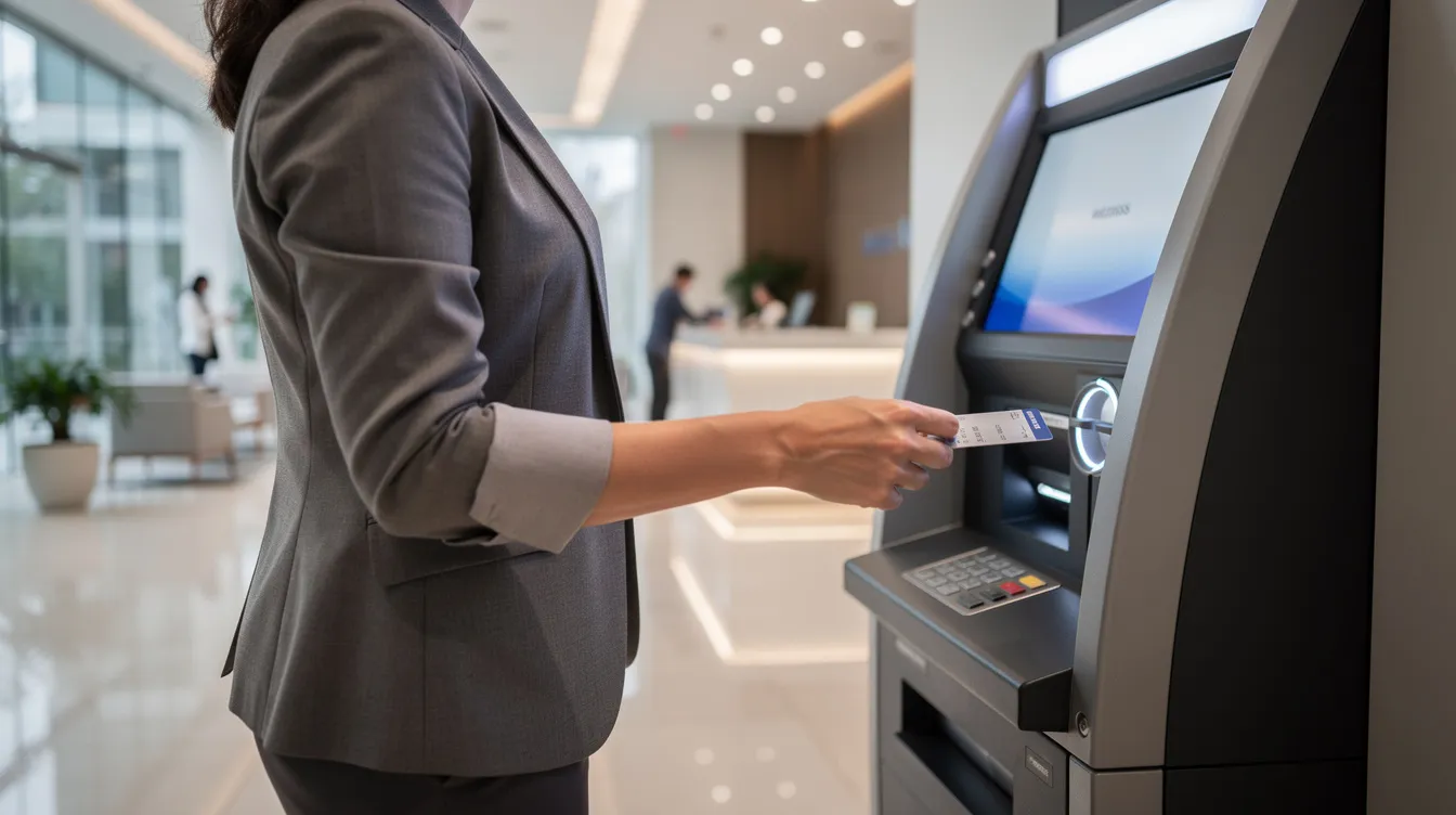A person is standing at an ATM machine in a modern bank lobby, holding a bank card ready to access banking services. This scene reflects the convenience of digital banking and retail banking services available at major private banks in Turkey.