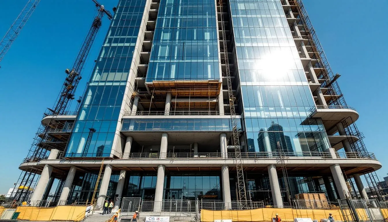 The image showcases a construction site highlighting modern architectural details and high-quality materials being utilized in the development of a luxury waterfront residence, likely part of the Oasis condominiums in Fort Myers. The scene captures the essence of the vibrant city skyline and the promise of glorious waterfront views from future units.